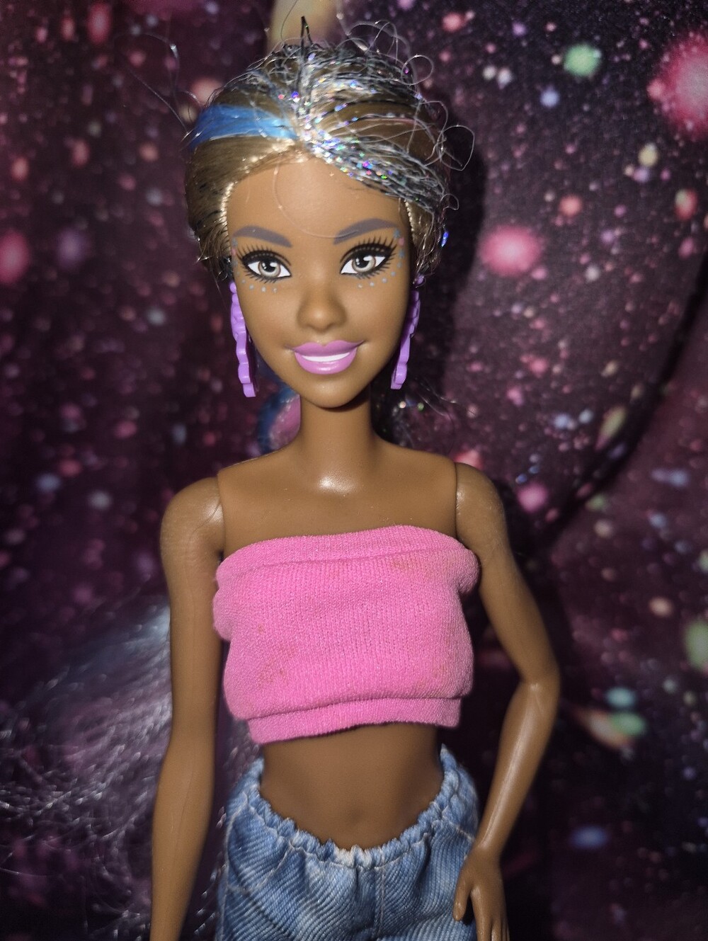 Barbie Fantasy Hair Doll GHN05 Rainbow Glitter Hair Pink Tube Top Jean Shorts